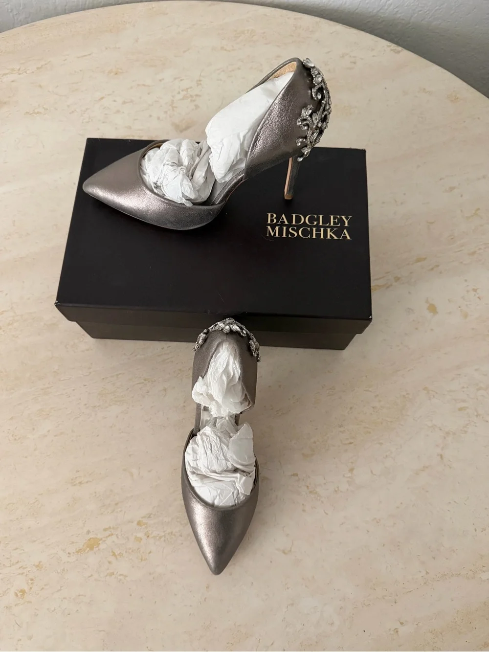 Badgley Mischka Metallic Taupe D'Orsay Pumps with Embellished Heel